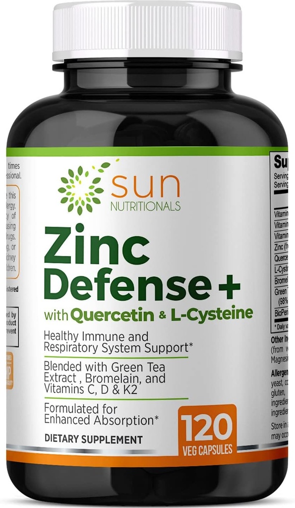 Çinko Savunma + Quercetin, Bromelain, L-Cysteine, EGCG (Green Tea Extract), C, D3 & K2, 2Month Supply, 120 VCaps, Non-GMO, Gluten Free