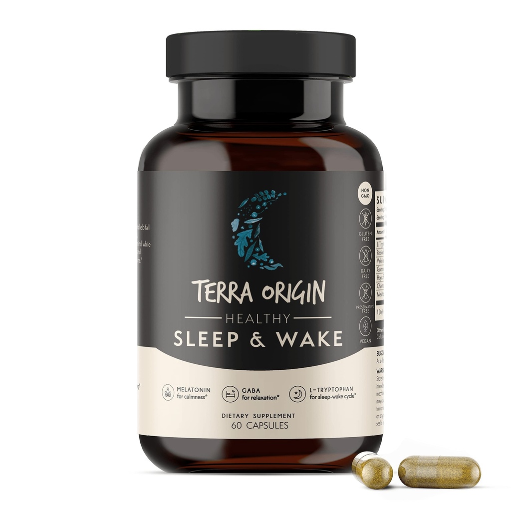 TERRA ORIGIN Sağlıklı Uyku ve Uyan | Doğal Uyku Yardımı Yetişkinler için Tamamlandı | Restful ve Awake Yenilendi | GABA, L-Tryptophan, Melatonin, Chamomile, Valerian, PassionFlower | 60 Capsules