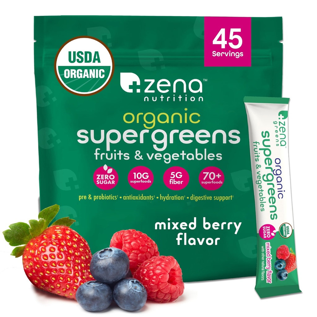 Zena Nutrition Organic Super Greens Powder, 70+ Superfoods, 0 Sugar, 5G Fiber, Spirulina, Chlorella, Antioxidants, Prebiotics/Probiotics, Digestive Enzymes, Mixed Berry, 45 Drink Mix Packets