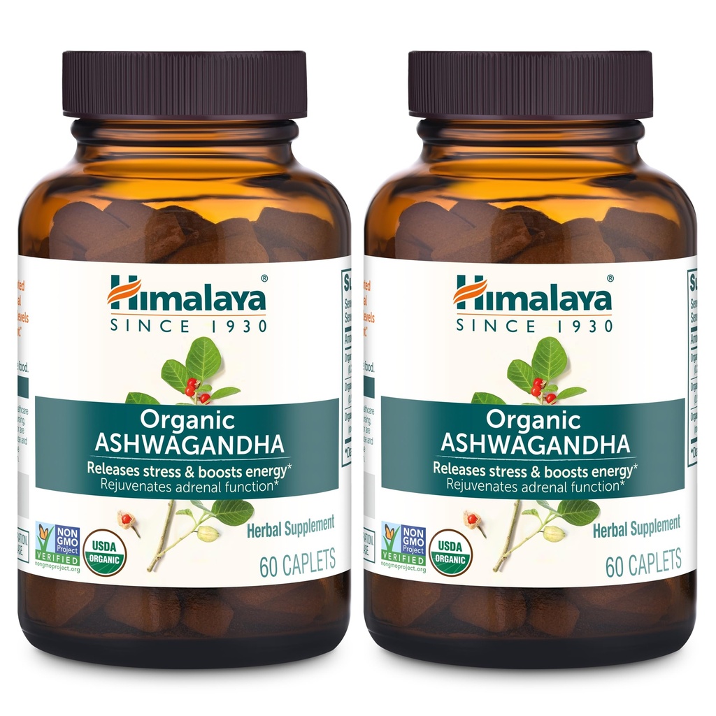 Himalaya Organik Ashwagandha, 120 Day Supply, Herbal Supplement for Stress Relief, Energy Support, Occasional Sleeplessness, USDA Organic, Non-GMO, Vegan, Gluten Free, 670 mg, 60 Caplets, 2 Pack