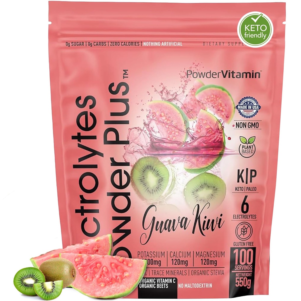 TozVitamin Electrolytes Toz Plus (100 Servisler) Guava Kiwi Electrolyte Toz, Zero Calorie, Keto, 0 Sugar, No Maltodextrin, 1000 mg Pyum, 120mgba, 120 mg Magnezyum, Hydration Toz, 120 mg Magnezyum, Hydration Toz