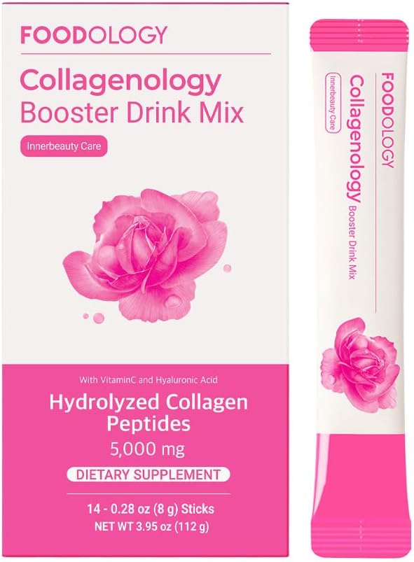 FOODOLOGY Collagenology Booster Drink Mix (Pack of 1, 14 Days) - Skin Elasticity, Collagen Synthesis, Hydration. Hydrolyzed Peptides, Biotin, Vitamins.