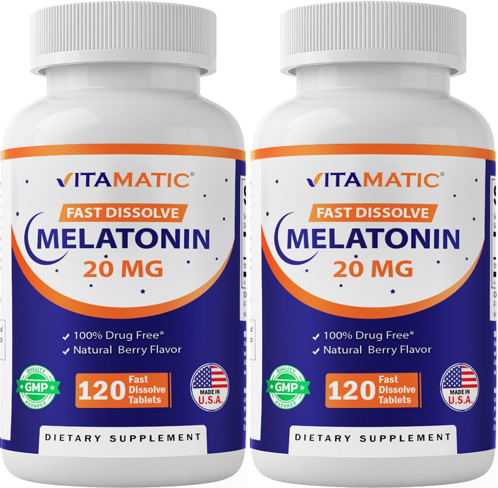 Vitamatic Melatonin 20 mg for Sleep Support | Vegetarian, Non-GMO, Gluten Free | Yüksek Potency 20 MG | Natural Berry Flavor 120 Hızlı Dissolve Tabletler - 2 Pack - 240 Count
