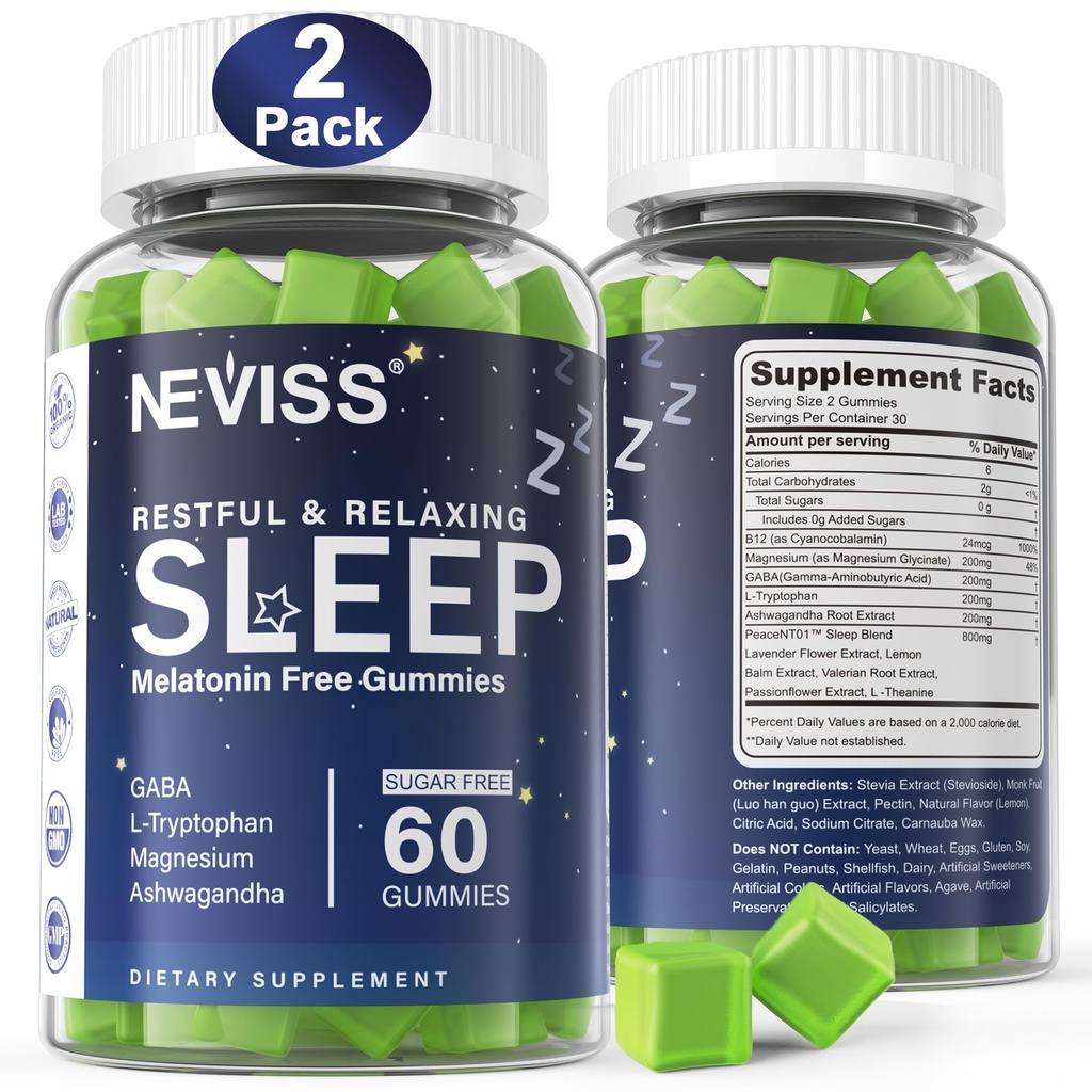NEVISS Melatonin Free Sleep Aid Gummies for Yetişkinler - Magnezyum Glycinate Gummies | GABA, L-Tryptophan, Magnezyum, Ashwagandha - Non-Habit Form, Help for Deep Relaxation - Vegan, Lemon Flavor, 2Pack