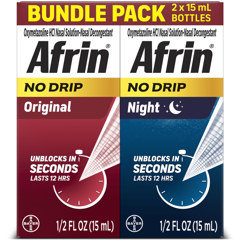 Afrin No Drip Original + Night Nasal Mist Sche, Non-Drowsy, Fast-Acting Decongestant for Nasal Congestion and Sinus Basınç Yardımı, Yetişkinler ve Çocuklar 6 ve Yaşlı, .5 fl oz (Pack of 2)