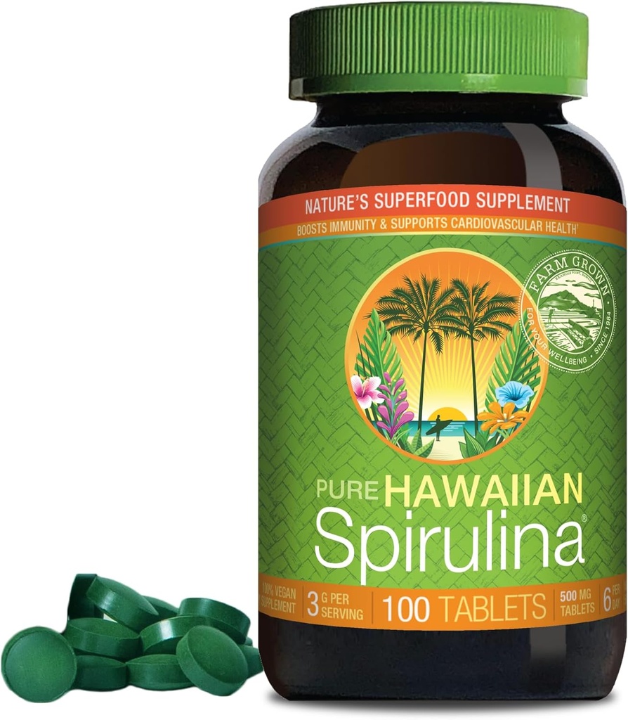 Nutrex Hawaii, Hawaii Purean Spirulina 500 mg, Vegan, Destekler Immune System, Kalp, Hücreler ve Enerji, 100 Tablet