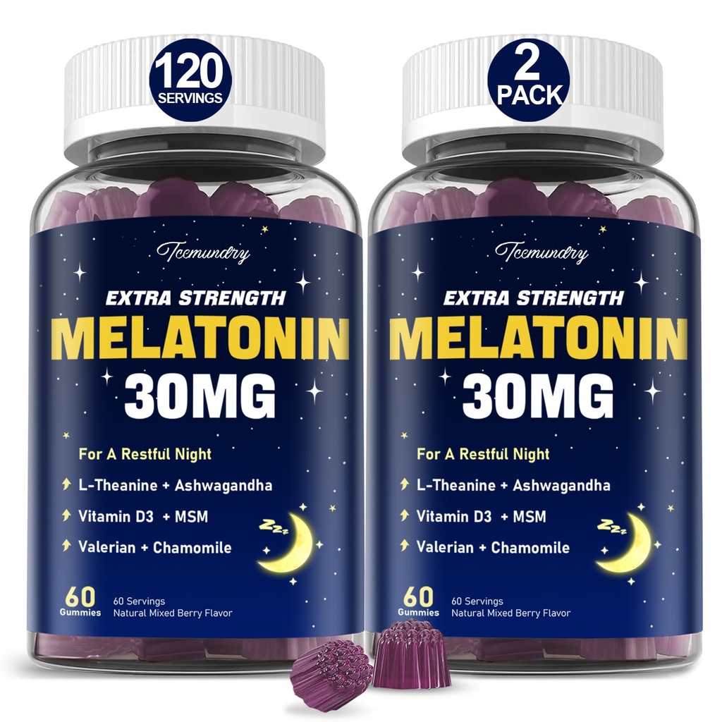 Melatonin Gummies 30mg for Yetişkinler: L-Theanine ile maksimum Güçlü Melatonin Supplement, Ashwagandha, MSM, Vitamin D3 & çinko - Non-Habit Form, Natural Karma Berry Flavor 60 Kont (Pabit Toplama)