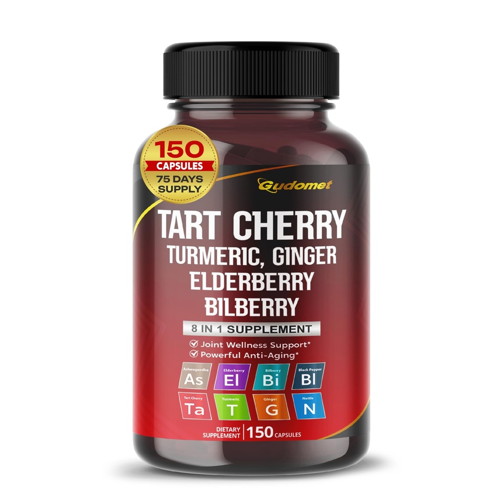 Tart Cherry Turmeric Ginger Sting Ashwagandha Elderberry Bilberry Black Pepper -150 Capsules- Made in USA