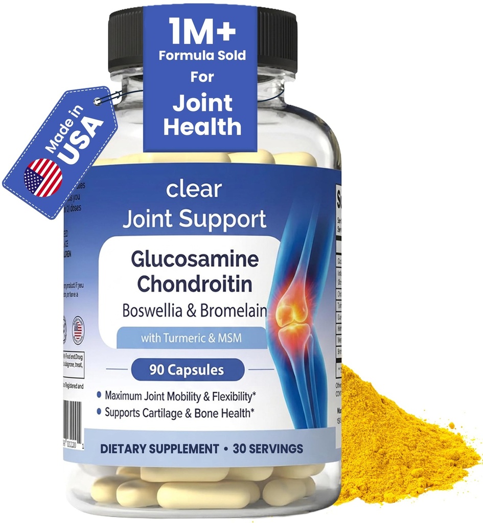 Clear Joint Support - Glucosamine Chondroitin MSM with Turmeric & Boswellia | 8-in-1 Formula | 90 Capsules (30-Day Supply) | Supports Knee, Hip & Back Health | Made in USA