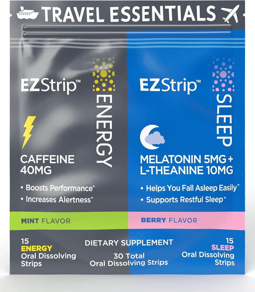 Enerji ve Sleep Supplements ile Seyahat Paketi - 30 Kont - Enerji ve Melatonin Strips için Caffeine Strips ile Canatonin Strips - Seyahat sırasında - ABD'de Yapıldı Şeker & Gluten Free