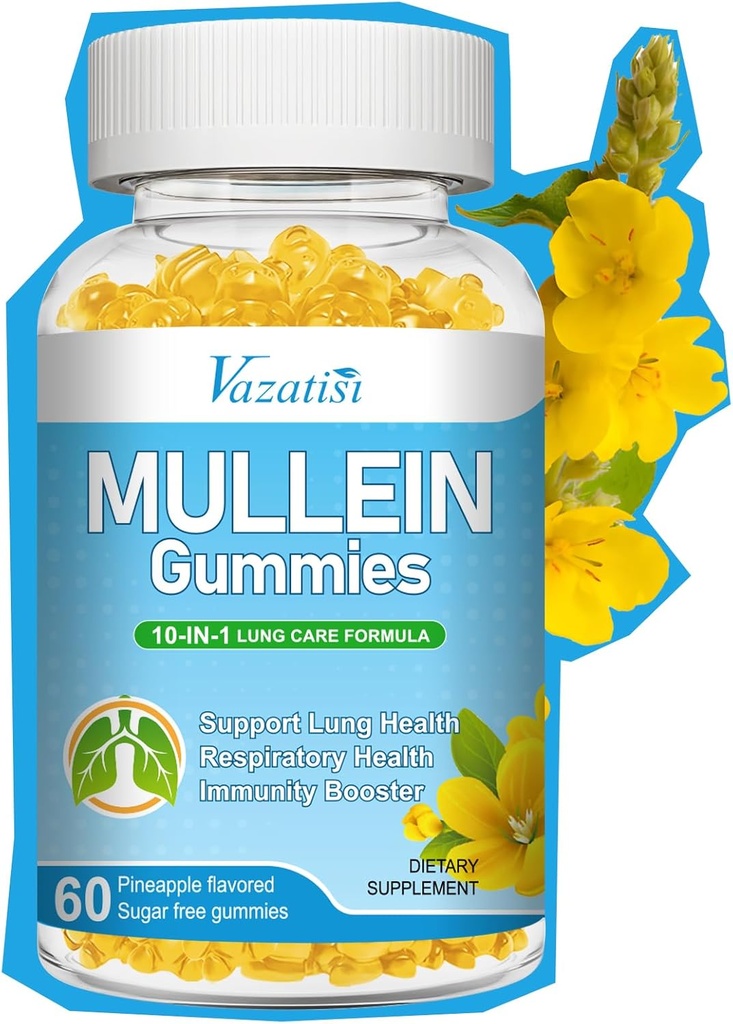 Lungs için 1 Mullein Gummies, Mullein Leaf Extract with Bromelain, Quercetin, Magnezyum - Support Lung Cleanse for Health Breathing, 60ct