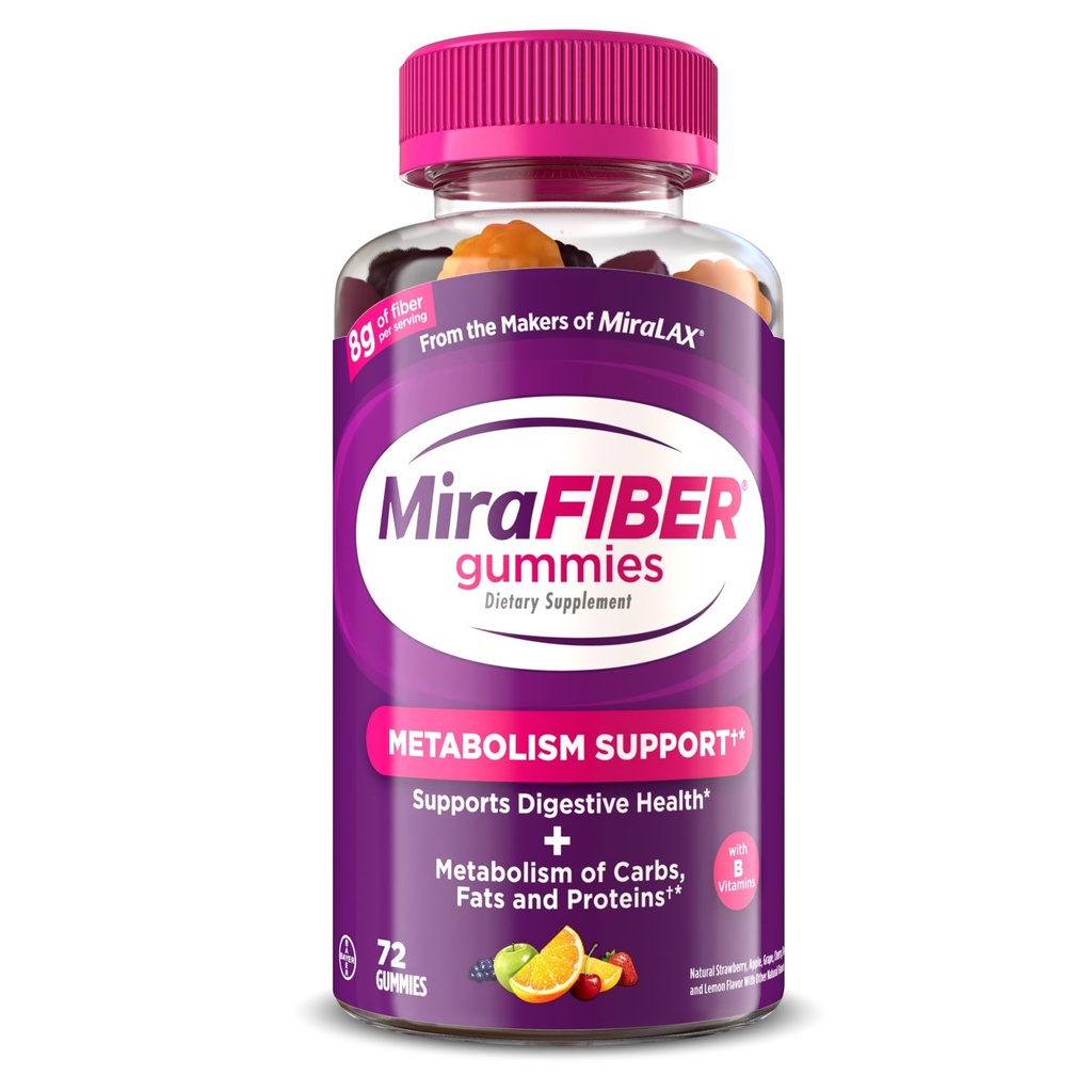 MiraFIBER Gummies from the Makers of MiraLAX, 8g of Daily Fiber Per Servisi, Metabolism Support with B Vitamins, Gut Health for Men & Women, Prebiyotik Fiber Gummies for Yetişkinler, Karma Meyve Flavor 72Ct