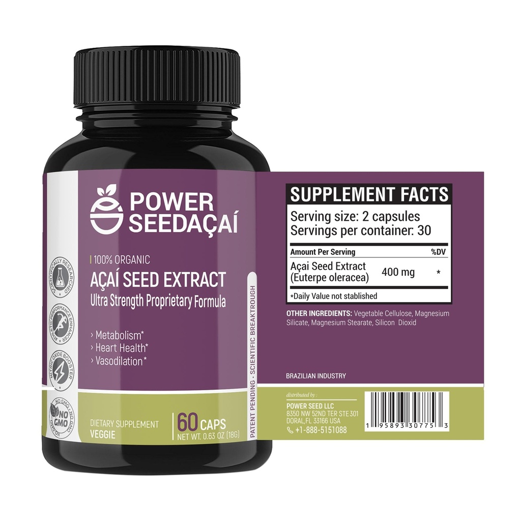 Power Seed Acai - Nitrik Oksit Desteği Kan Akışı, Kan Şeker Seviyeleri, Metabolik Fonksiyonlar ve Enerji. Süper Güçlü Antioksi. Caffeine-Free. Patented Formula | 60 Capsules