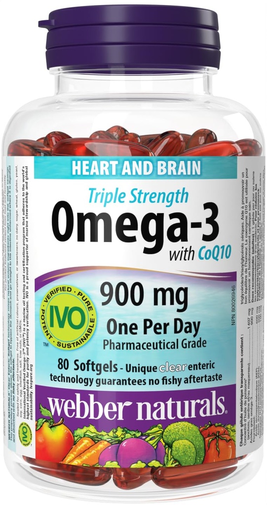 Webber Naturals Triple Strength Omega-3 with CoQ10 enteric cover 900 mg Omega-3 (EPA • DHA) / 100 mg CoQ10, 80caps