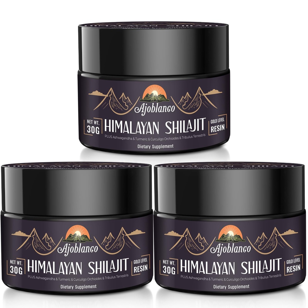 Ajoblanco 600 mg Doğal Himalaya Organik Shilajit Giyim - Himalaya Altın Shilajit İmalatı Enerji, Güçlü ve Immunity, 3 Paket