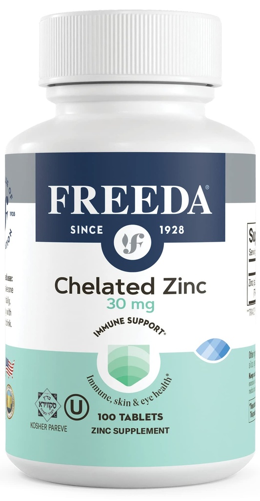 Freeda Chelated çinko 30 mg – TRAACS® çinko Bisglycinate for High Abors – Vegan, Kosher, Stomach'ta Nazi – Yetişkinler için Immune Support, Men & Women – 100 Tiny Tablet