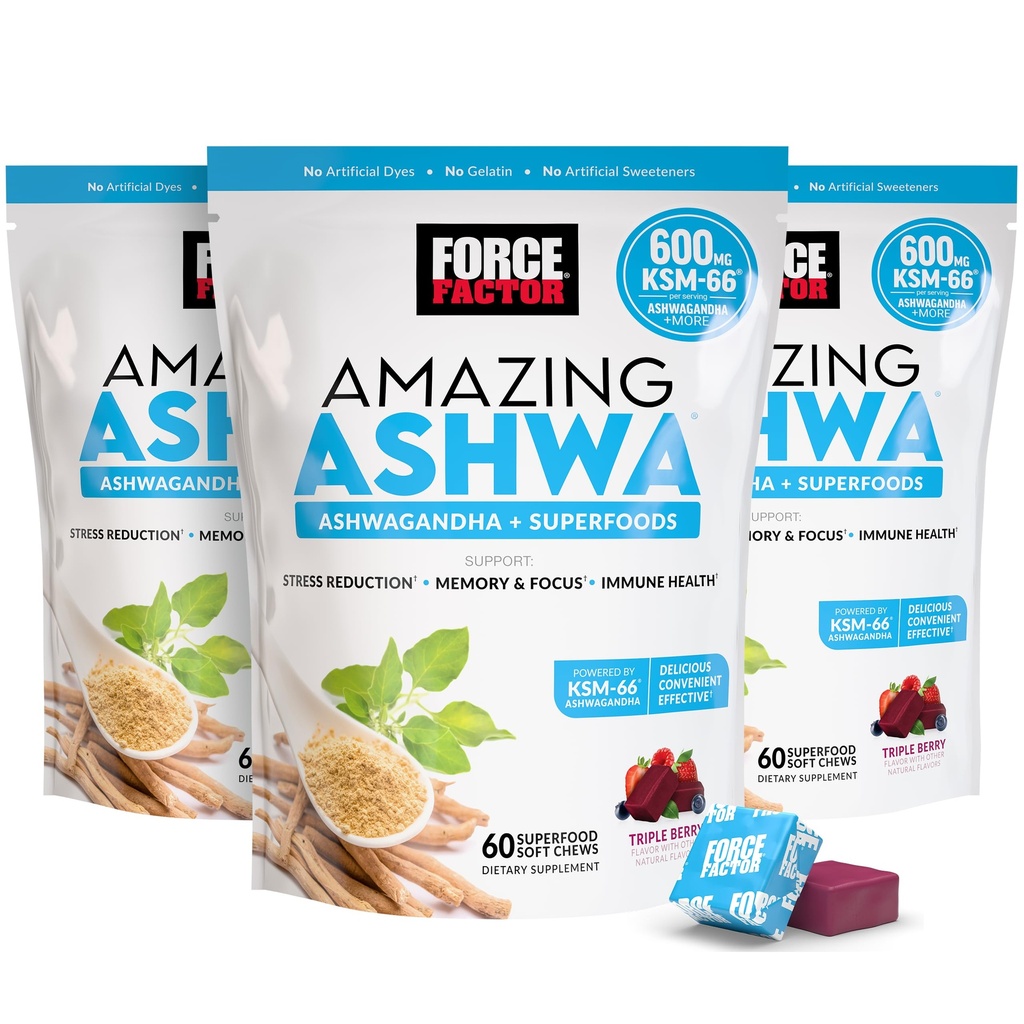 Force Factor Amazing Ashwa Supplement, 180 Soft Chews | Stress Relief, Memory & Focus Support, Immune Support, KSM-66 Ashwagandha