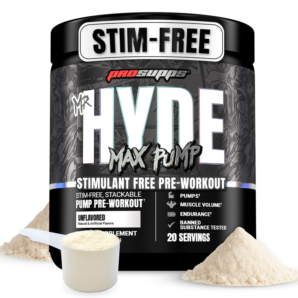 PROSUPPS Bay Hyde Max Pump Pre Workout Toz - Stim-Free Preworkout Supports Blood Flow, Muscle Volume & Endurance - Caffeine-Free Nitric Fitness Gym & Fitness Supplements (Unflavored, 20 hizmet)
