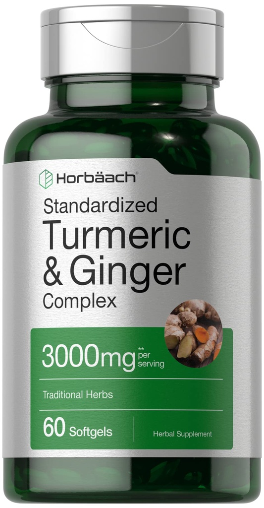 Horbäach Turmeric ve Ginger Supplement 3000 mg | 60 Softgel Capsules | Turmeric Curcumin Kompleksi | Non-GMO, Gluten Free