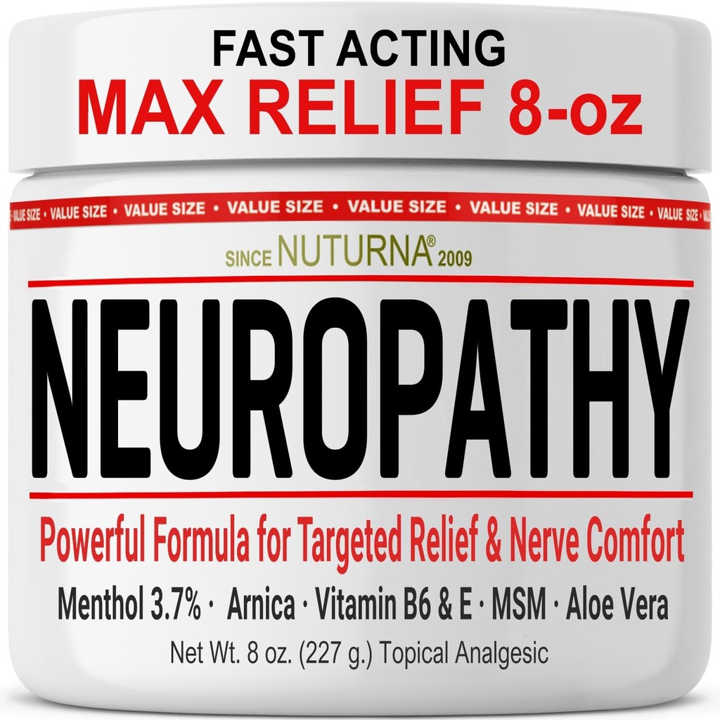 Neuropati Nerve Relief Cream - Foot Hands Legs Toes Back - Ultra Strength Menthol Arnica Aloe Vera MSM, Soothing Natural Nerve Comfort Relief, Super Large 8 oz