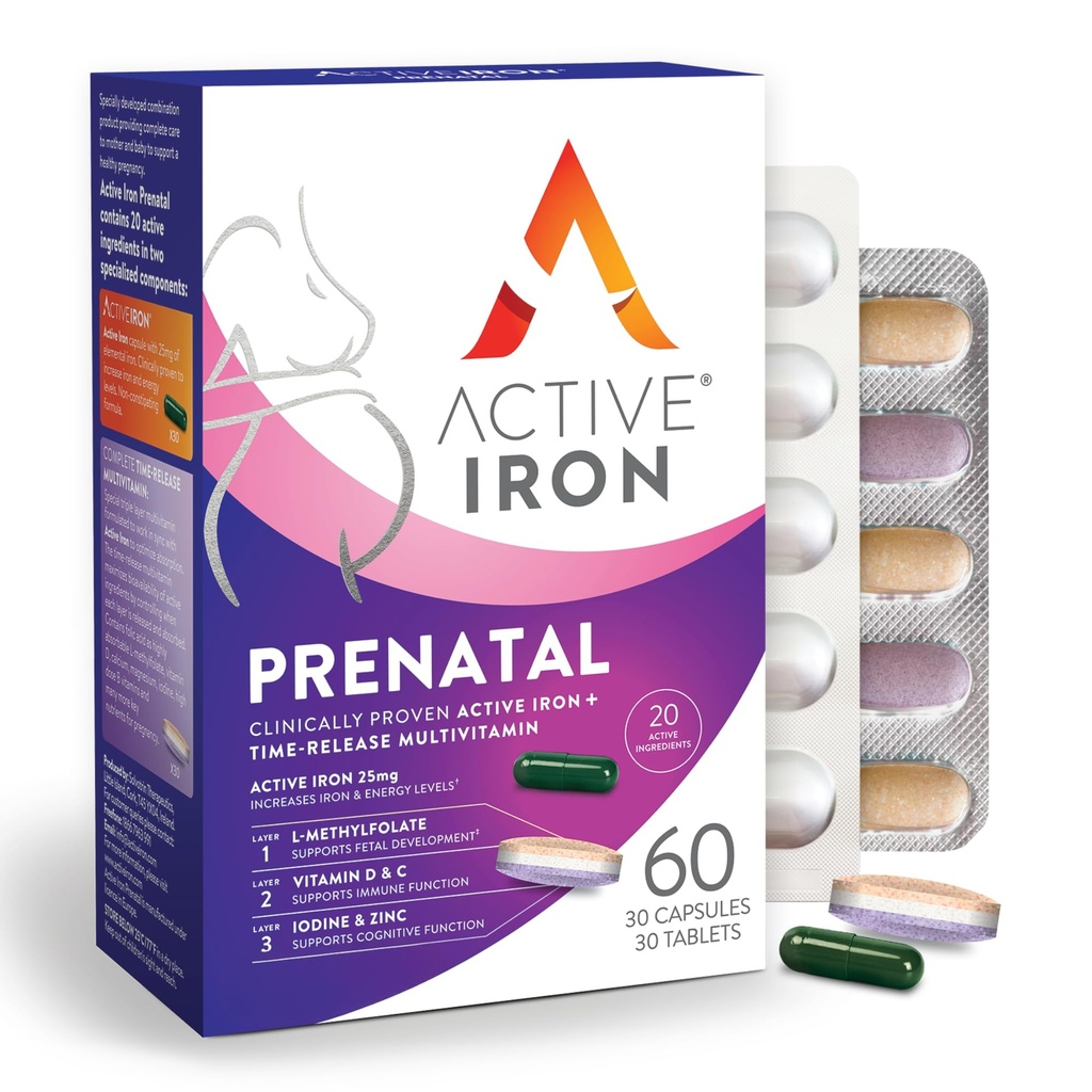 Active Iron Prenatal, Iron Supplement + Prenatal Vitaminler Kadınlar için 30 Non-Constipating Capsules + 30 Time-Release Multivitamins, Gebelik, Emzirme ve Postpartum Essentials
