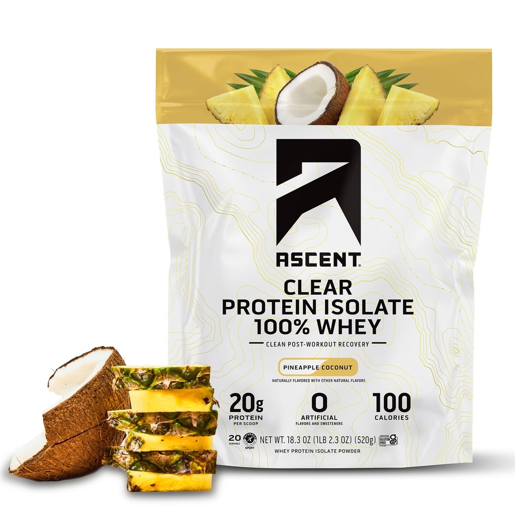 Yüzde 100 Clear Whey Protein Tozu - Post Workout Whey proteini Isolate, Zero Yapay Flavors & Sweeteners, Gluten Free, 5.5g BCAA, 2.1g Leucine, Essential Amino Asits, Pineapple Coconut, 20 Serv