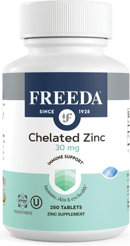 Freeda Chelated çinko 30 mg – TRAACS® çinko Bisglycinate for High Abpole – Vegan, Kosher, Stomach'ta Nazi – Yetişkinler için Immune Support, Men & Women – 250 Tiny Tablet