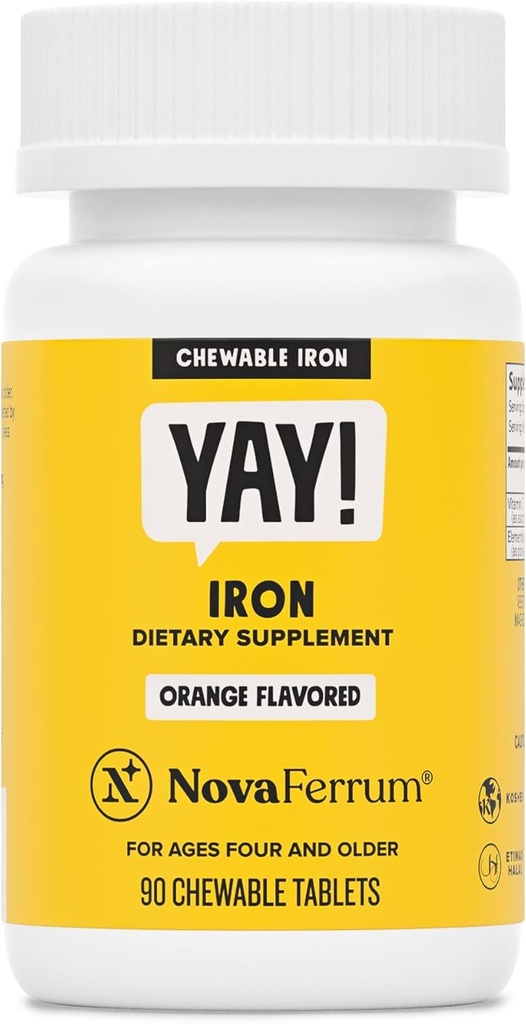 NovaFerrum Yay | Chewable Iron Supplement for Kids & Adults Ages 4 and Over | 18mg of Iron | 90 Servings | Sugar Free | Vegan | Gluten Free | Orange Flavor