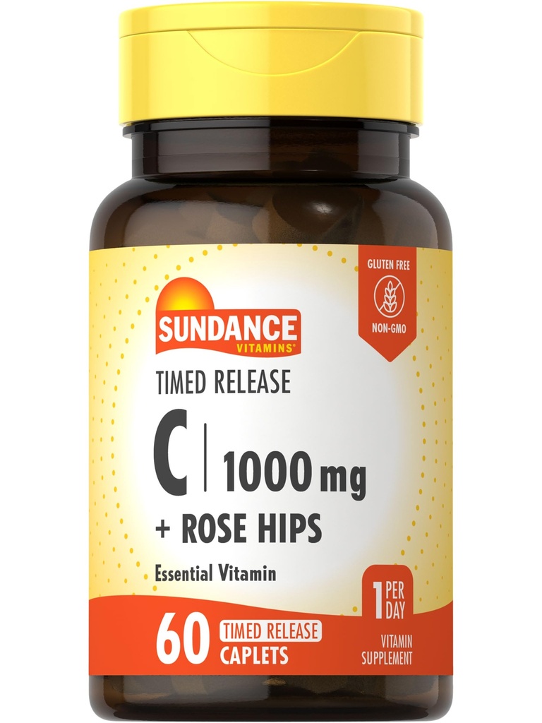 Sundance Vitamin C 1000 mg with Rose Hips | 60 Kaplamalar | Zamanlı Yayın | Vegetarian, Non-GMO, and Gluten Free Supplement Supplement Supplement