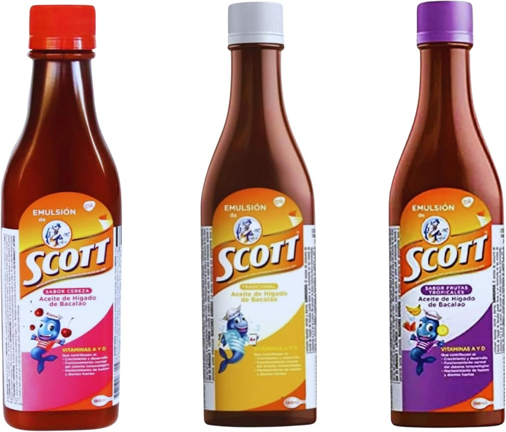 Emulsión de Scott 3 Pack Combo – Cod Liver Oil (Traditional, Cherry, Tropikal Meyve Flavors) - 180 ml Her Şey