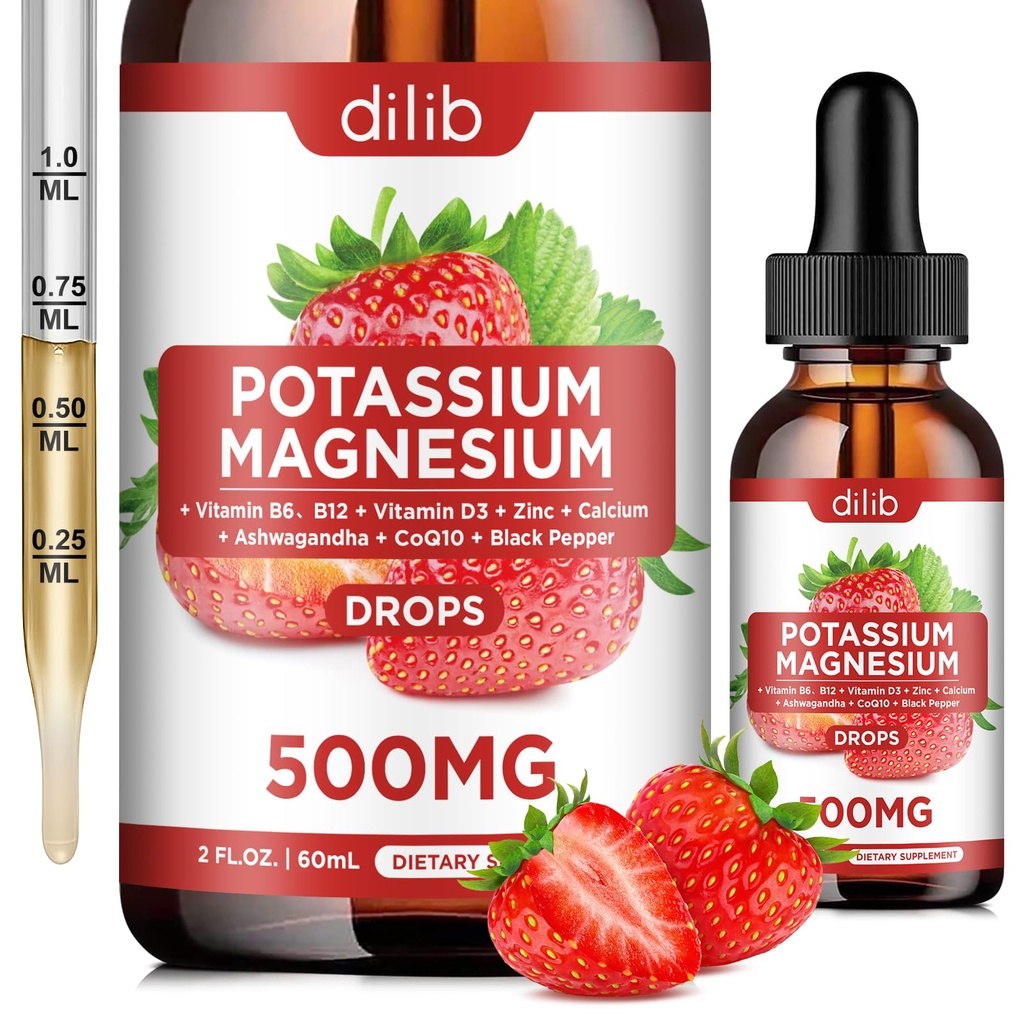 Potassium Magnesium Citrate Supplement, Liquid Magnesium Citrate Drops 500mg with Ashwagandha, Calcium, Zinc, Vitamin D3, B6, B12, CoQ10 - Support Calm & Bone & Muscle & Immune Health Vegan 2 fl oz