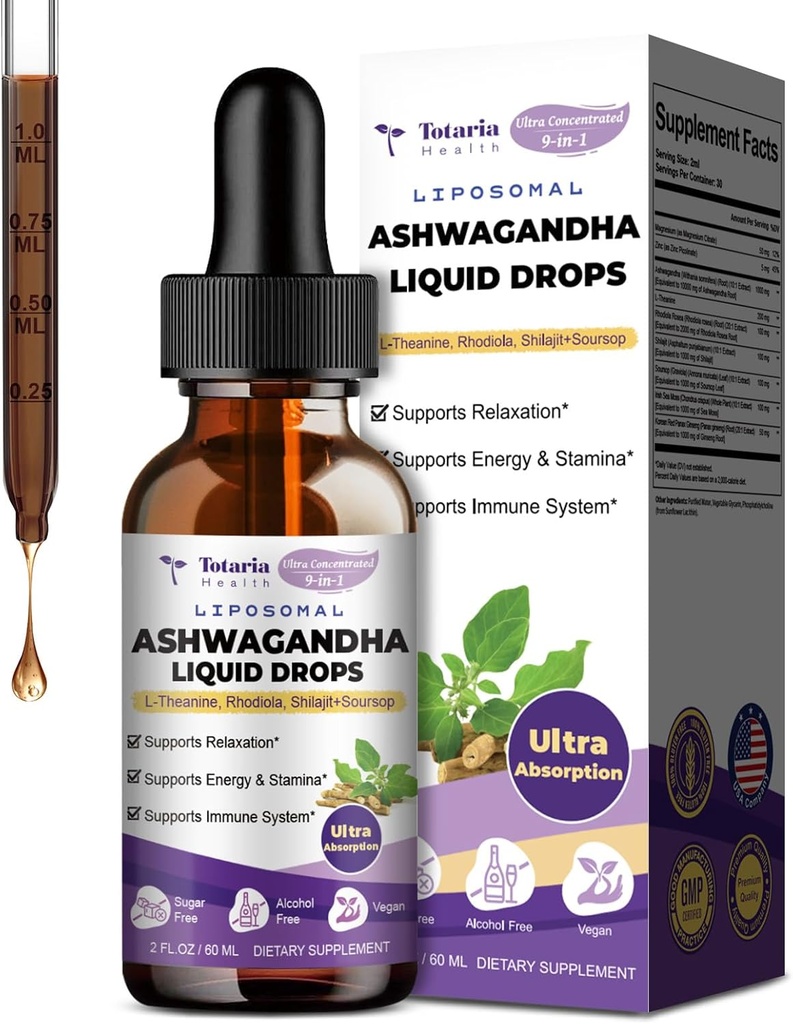 Totaria Liposomal Ashwagandha Liquid Drops w/Shilajit, Magnezyum, Soursop, L-Theanine, Ultra Extact Ashwagandha Ekstraksiyonu | % 7 Withanolides | Alkol-Free | Non-GMO | for Men & Women
