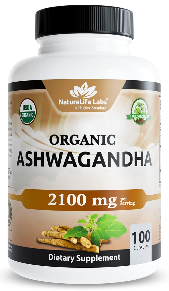 NaturaLife Labs Organik Ashwagandha 2100 mg hizmet başına – Root Toz & Extract – 100 Capsules – Vegan, Non-GMO, Gluten-Free Free-GMO, Gluten-Free Free