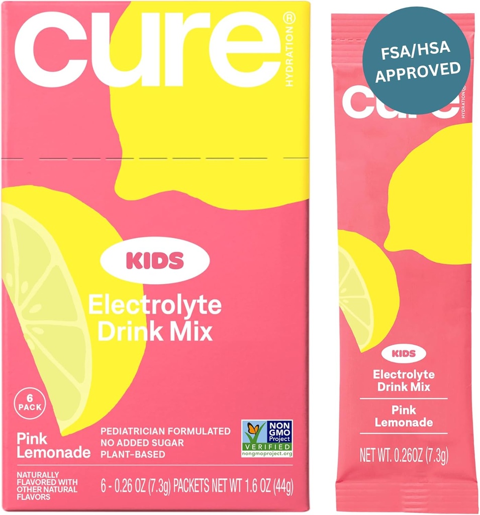 Cure Hydration Kids Electrolyte Drink Mix | Plant-Based Pediatrik Formulated Rehidr | Nodrew Sugar, FSA-HSA, Non-GMO, Gluten-Free, No Yapay Flavors | Box of 6 Packets - Pink Lemonade