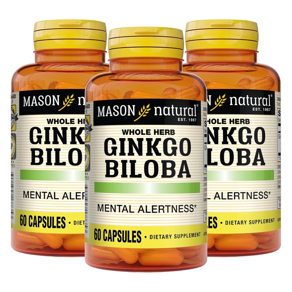 MASON NATURAL G Biloba, 3 Ay Supply, Zihinsel Uyarılık ve Destek Optimal Beyin Fonksiyonlarını Geliştirmeye yardımcı olur, 60 Capsules (3 Pack)