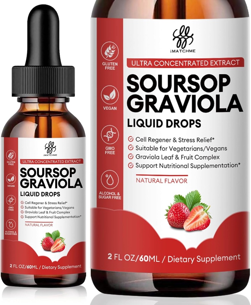 IATCHMME Soursop Graviola Liquid Drop, Soursop Bitters Liquid, Natural Soursop Leaves & Fruit Kompleks for General Wellness, Sugar/Caffeine/Gluten Free, Strawberry Flavor, 2 Fl Oz