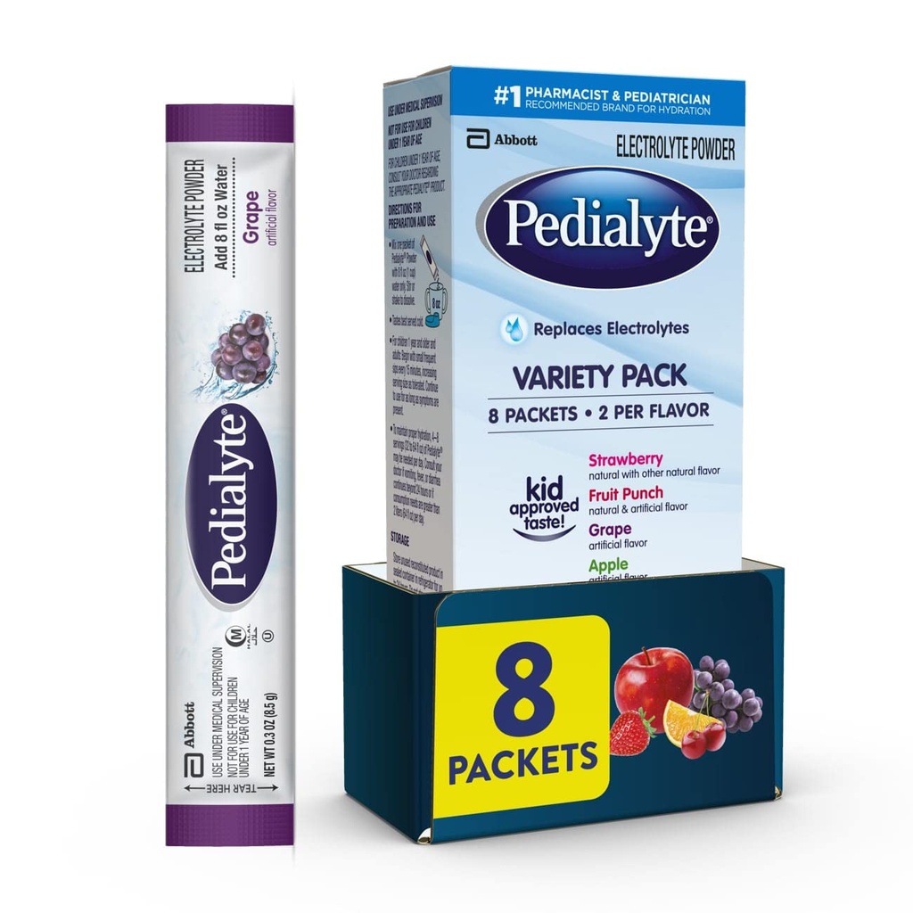 Pedialyte Electrolyte Toz | Çocuklar ve Yetişkinler için Zenginlik | Çeşitli Paket: Grape, Strawberry Lemonade ve Orange, 8 Toz Paketi