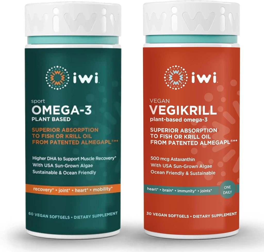 iwi Omega-3 Sport & Vegikrill Omega-3 Sche, 30 Hizmet, Vegan Plant-Based Algae Omega 3 ile EPA + DHA, Krill & Fish Oil Alternative, No Fishy Aftertaste