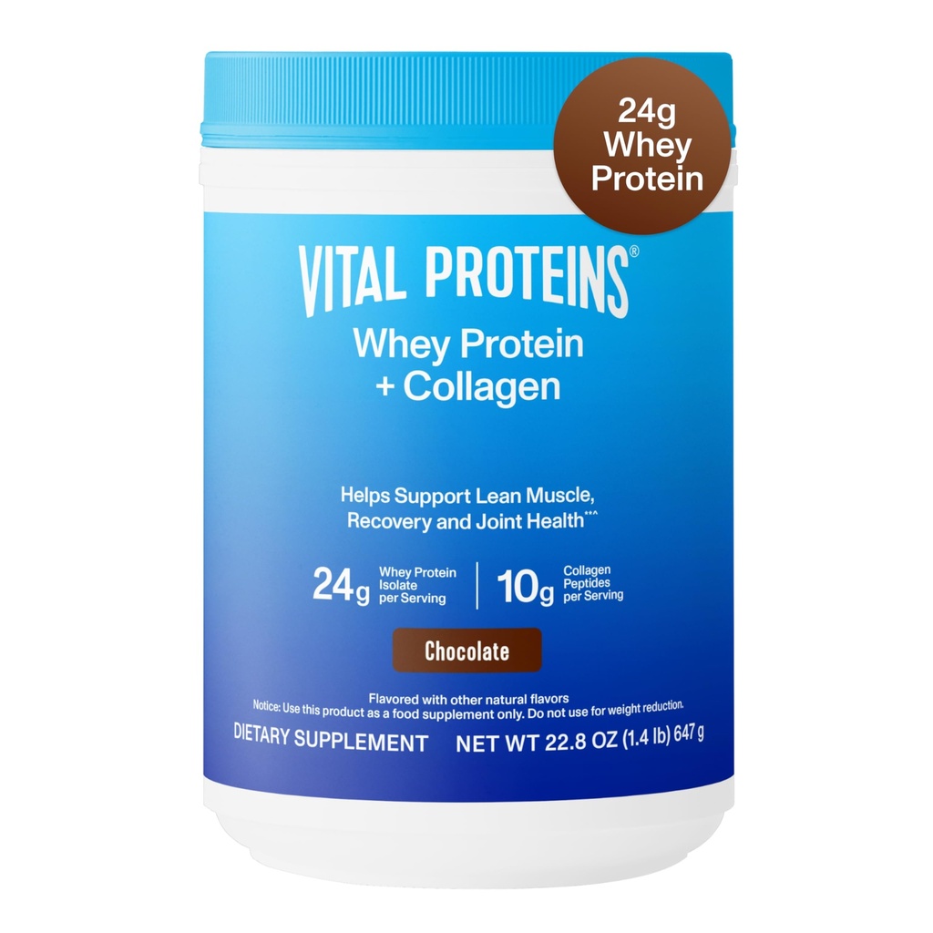 Vital Proteins Whey Protein Toz+ Collagen,, 24g Protein Kurtarma ve Ortak Sağlık, C vitamini ile yaklaşık 16 Hizmet - Chocolate 22.8oz