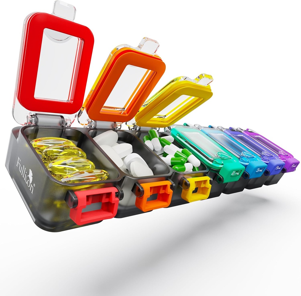 Fullicon Weekly Pill Organizer 7 Günlük Ultra Moisture ve Spill Kanıt Günlük Pill Box, Güvenli Buckle, Compact Travel Pill Konteyner for Pill, Vitamin, & Fish Oil (Rainbow Black)