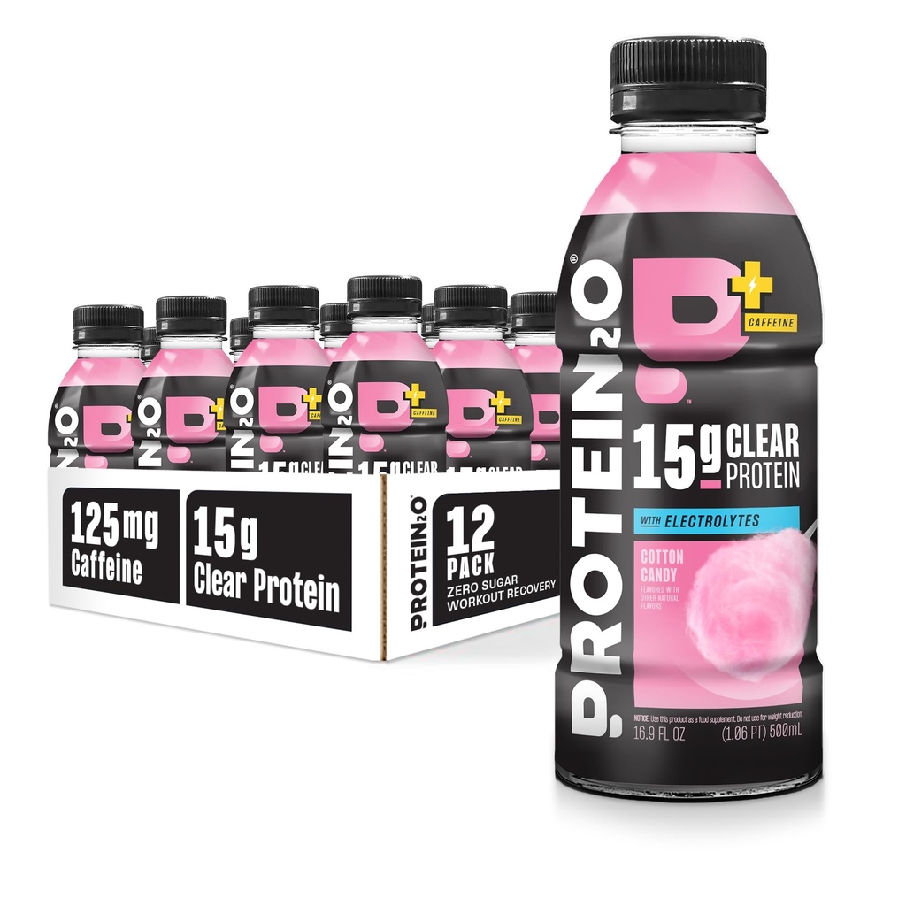 Protein2o 15g Whey Protein Isolate Hydration Drink Plus Energy & Focus, 350 mg of Electrolytes, Vitamins B5 & B6, Sugar Free, Cotton Candy, 16.9 oz Şişe (12 paketi)