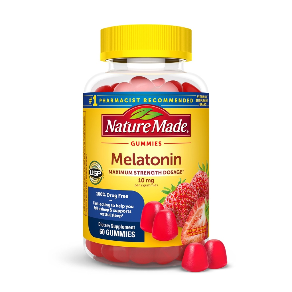 Nature Made Melatonin 10 mg per serve Gummies, maximum Strength Dosage,% 100 Drug Free Sleep Aid for Yetişkinler, 60 Melatonin Gummies, 30 Day Supply