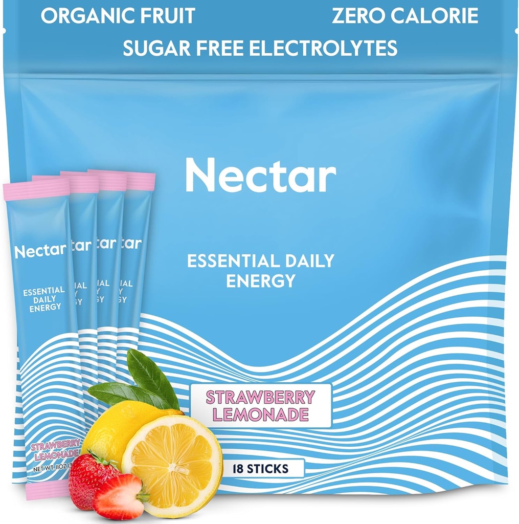 Nectar Enerji ATM - Organik Caffeine, B12 & Electrolytes - Sugar Free & Zero Calorie - Sağlıklı Kahve, Enerji İçilir & Soda Alternatif - Hydration & Energy Supplement (Straw. Lemonade 18 Packets)