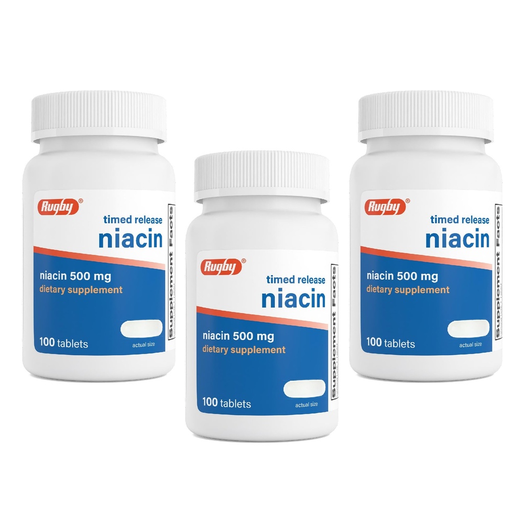 Rugby Timed-Release Niacin 500 mg with 28 mguba, Diyeter Supplement for Energy, Circulation and Metabolism Support, 100 Tablet (3 Paket)