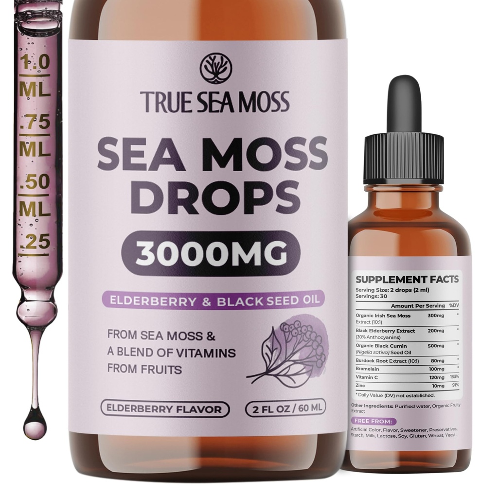 TrueSeaMoss Organic Irish Sea Moss Liquid Drops – Black Cumin Seed Oil, Black Elderberry Extract, Burdock Root, Vitamin C & Zinc – Elderberry Flavor – 30 Servings