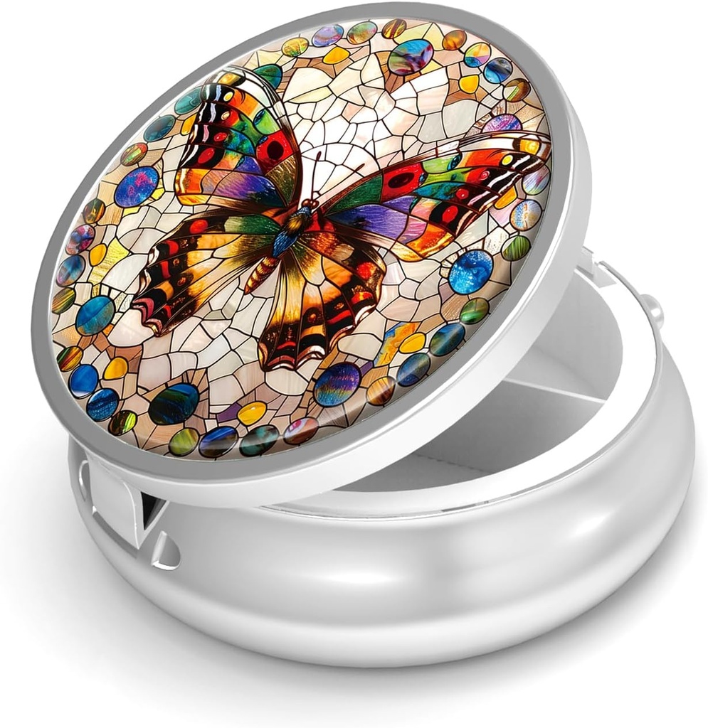 Pill Box-3 Relement Small Pill Case for Purse & Pocket Mini Metal Pill Holder Travel Pill Container to Hold Supplements Antivirus-Free (Gemstone Butterfly)