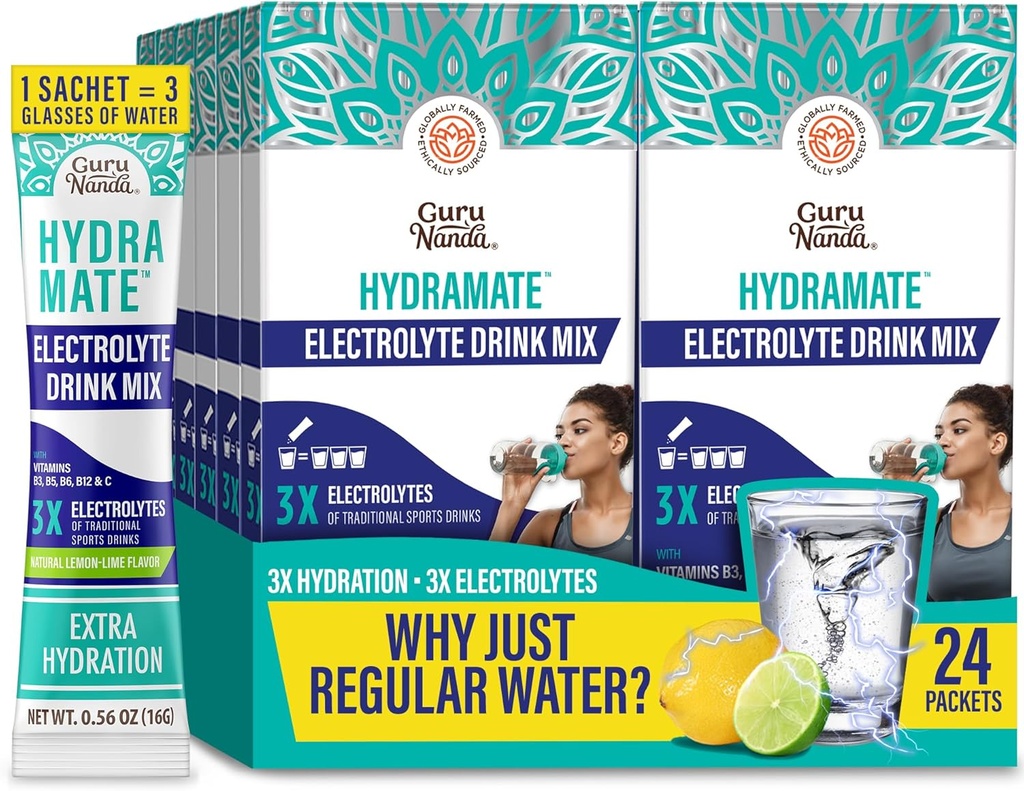GuruNanda Hydration Support Drink Mix - Elektrolyte Toz Paketleri Dehidrasyon, Egzersiz ve Enerji - Sweeteners, Non-GMO, Natural Lemon Lime Flavor - 24 Count (0.56 oz Her)