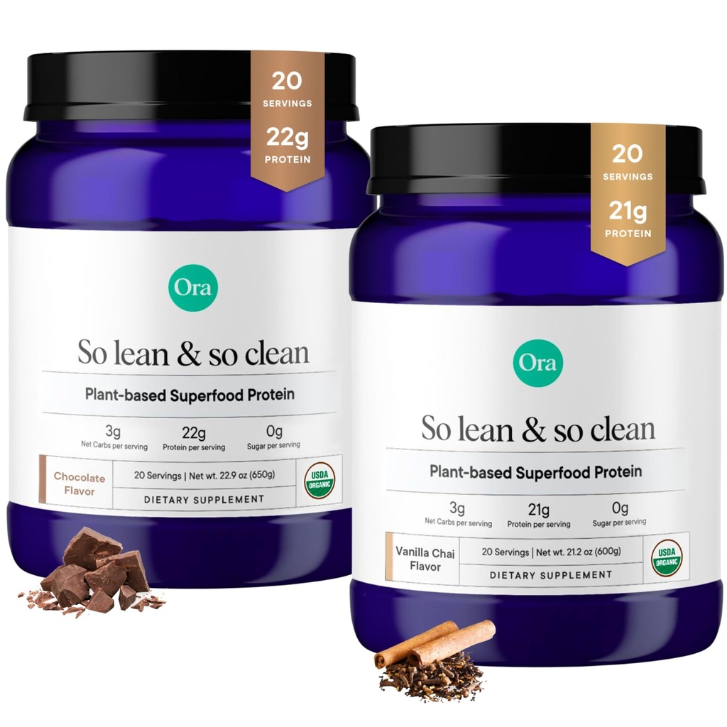 Ora Organik Vegan Protein Toz Vanilla Chai & Chocolate Sche: 21g Plant Temel Protein Toz, Vanilla Chai Flavor, 20 Servisler + 22g Plant bazlı Protein, Flavor, 20 Hizmetler