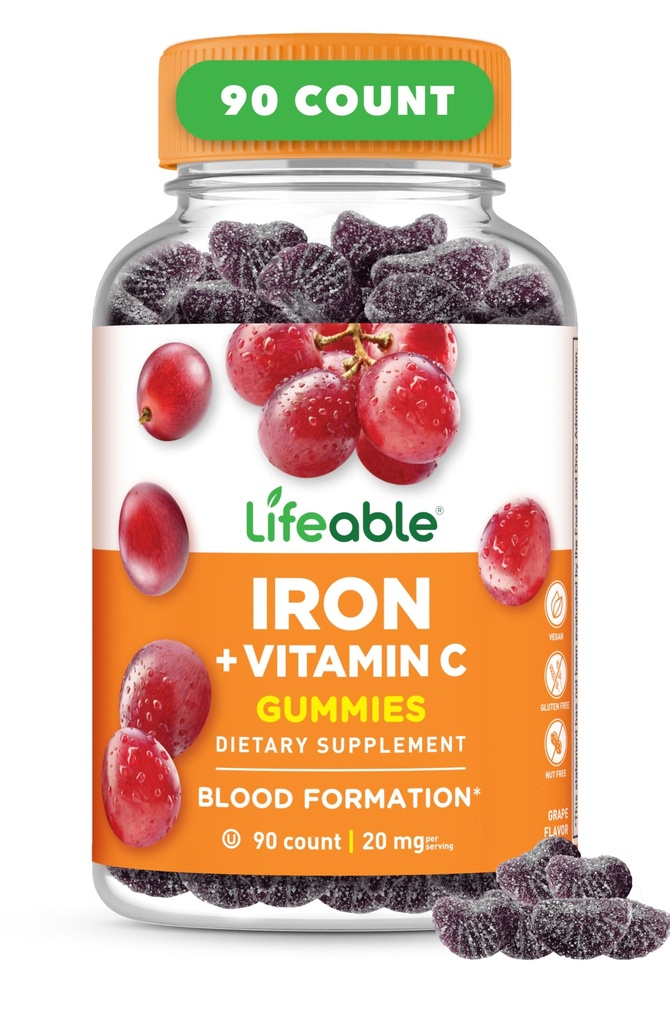 Lifeable Iron Gummies | 20mg | Vitamin C | Great Tasting Blood Builder Iron Supplement | Iron Deficiency için C vitamini ile Demir Gummies | Kadınlar için Demir Gummies, Erkekler, Yetişkinler | 90 Gummies