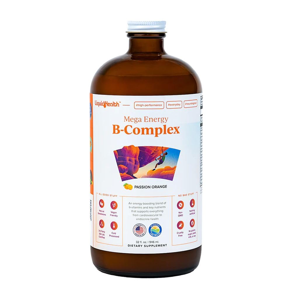 LIQUIDHEALTH 32 Oz Vitamin B Kompleksi Kadınlar ve Erkekler için Çokvitamin, Super B Kompleksi, Mega B2, B3, B5, B6, Torch B12 Sıvı, Folate & Biotin - ABD'de Made in USA